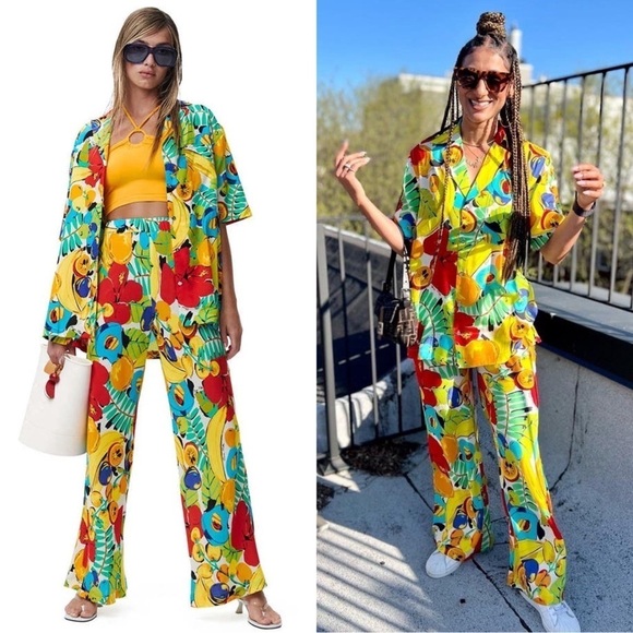 SIMON MILLER Tropical Floral Fruit Print High Rise Wide Leg Pull On Veda Pants L - Picture 4 of 11